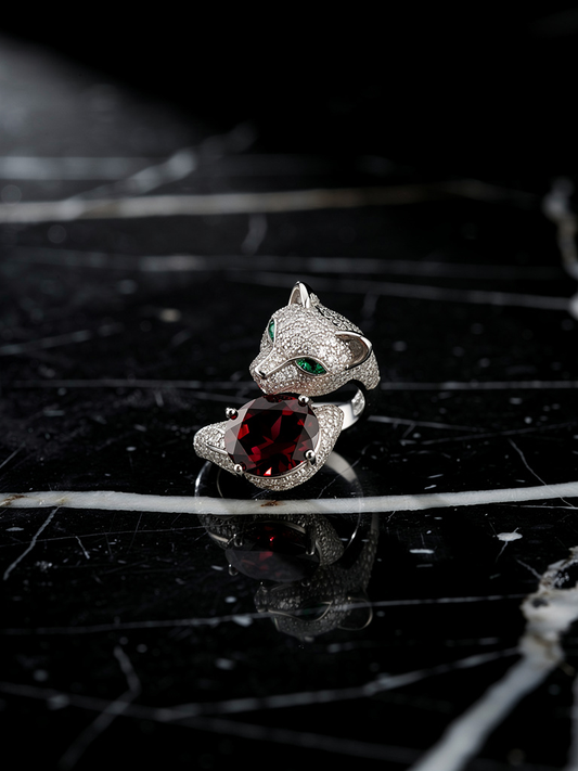 Crimson Panther Ring — Garnet & Sterling Silver Artistry
