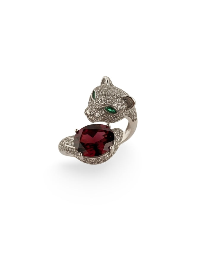 Crimson Panther Ring — Garnet & Sterling Silver Artistry