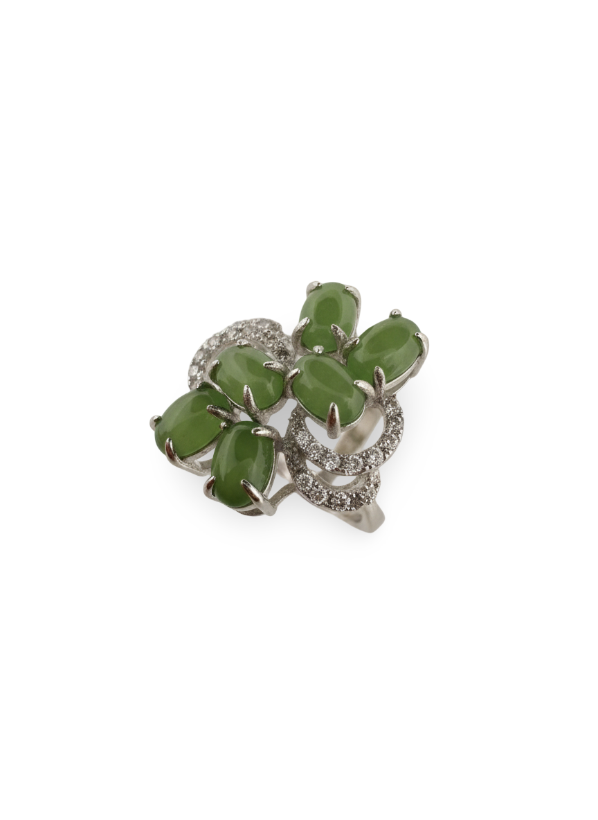 Emerald Bloom Hetian Jade Ring — Sterling Silver with Zircon Radiance