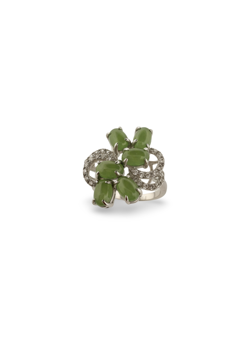 Emerald Bloom Hetian Jade Ring — Sterling Silver with Zircon Radiance