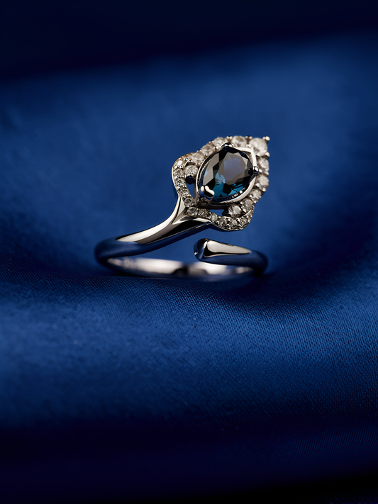 Midnight Tide London Blue Topaz Ring — Sterling Silver & Zircon Halo
