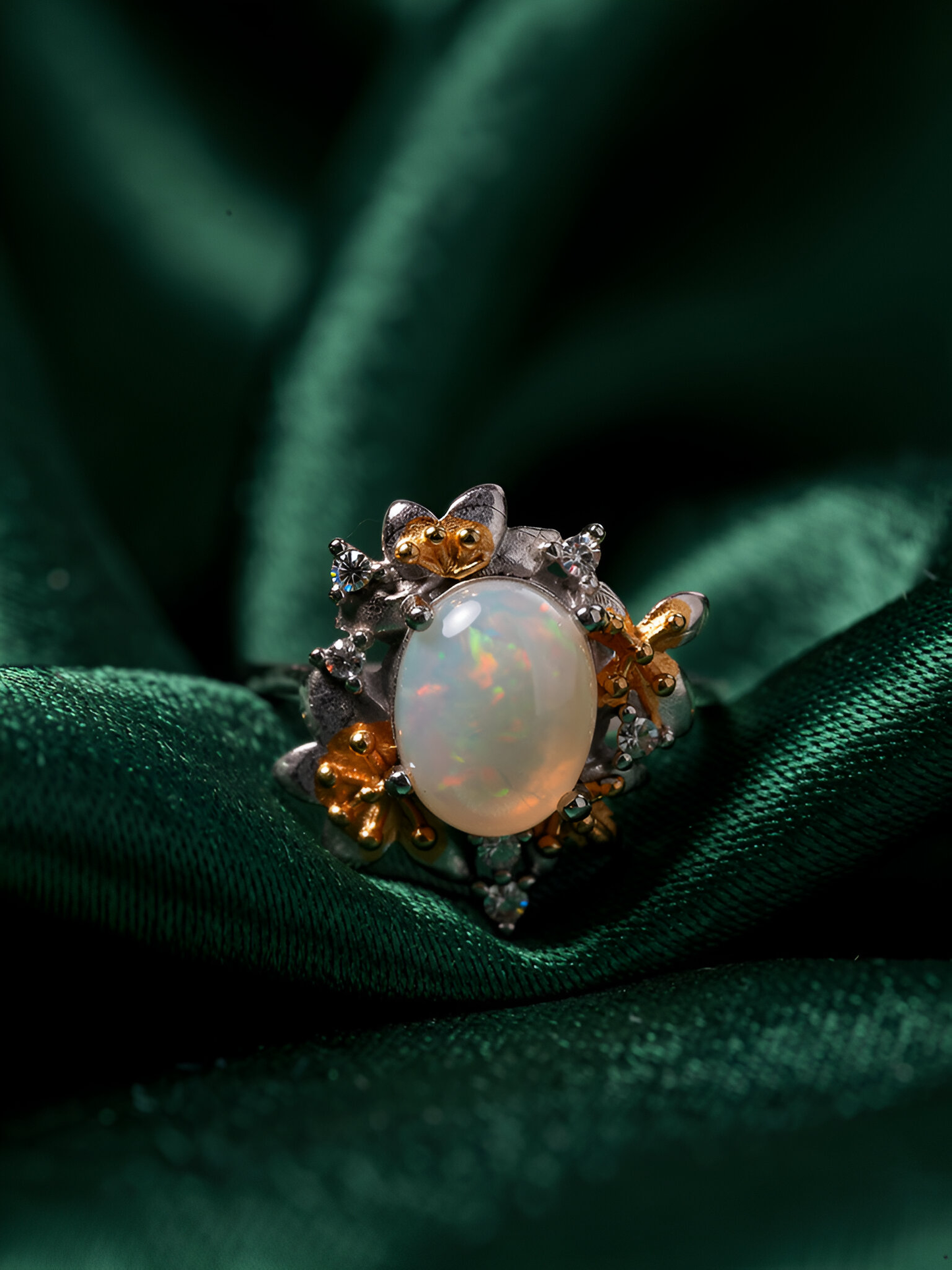 Celestial Petal Opal Ring — Sterling Silver & Golden Bloom Accents