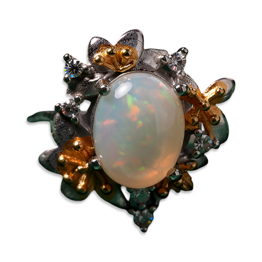 Celestial Petal Opal Ring — Sterling Silver & Golden Bloom Accents