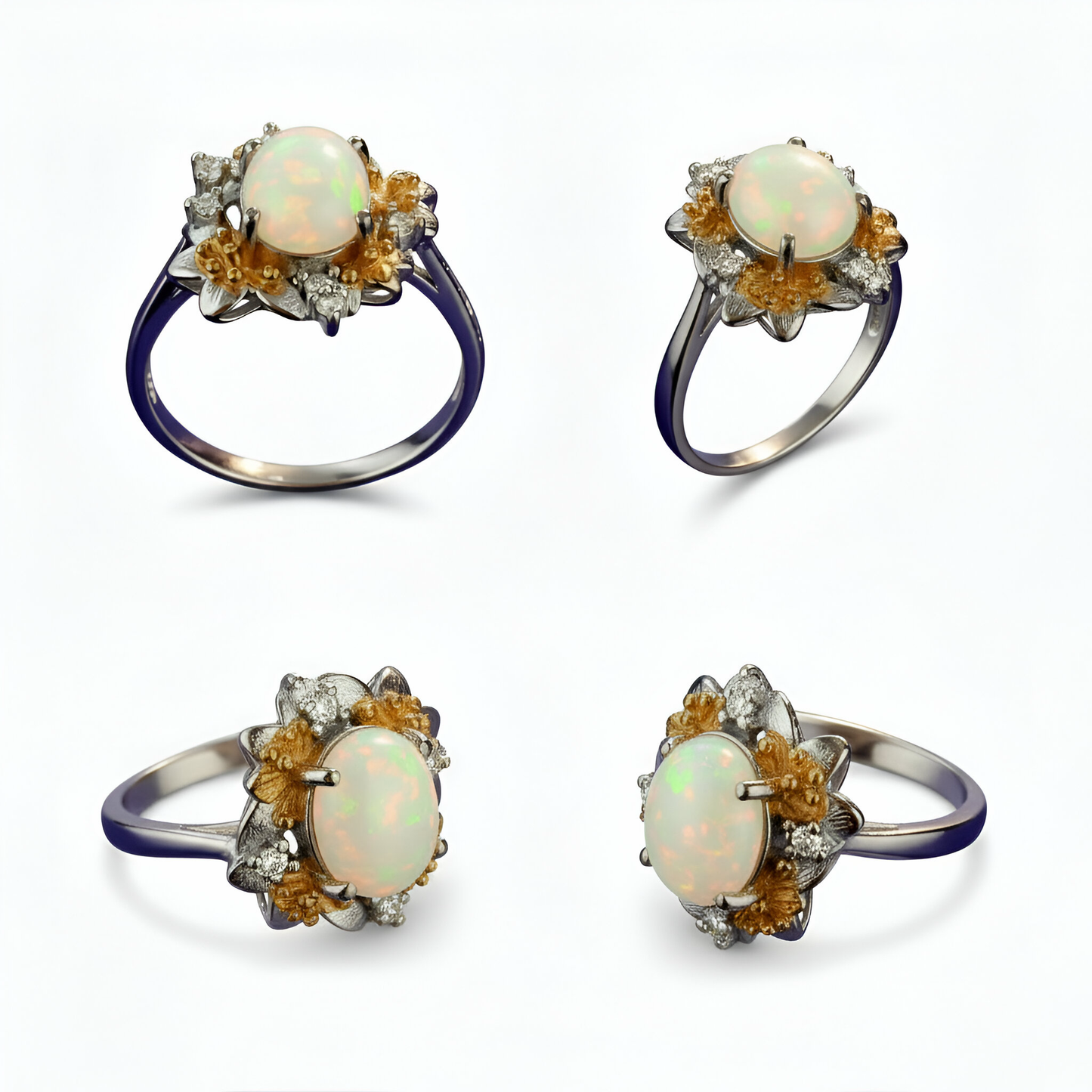 Celestial Petal Opal Ring — Sterling Silver & Golden Bloom Accents